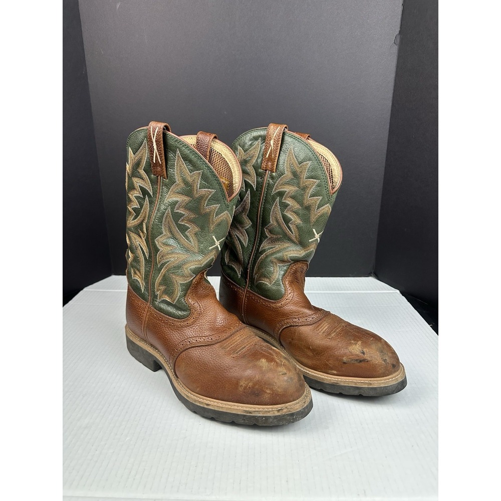 Twisted X Work Boots Men's Leather Steel Toe Cognac Dark Green MSC0005 Sz 11EE